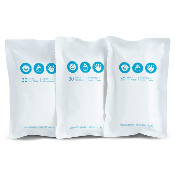 Munchkin® Brica® Clean-To-Go Wipes™ Unscented Hand & Face Baby Wipes, 99% Water Wipes with Chamomile & Aloe, 3 rolls of 30 wipes (total 90 Wipes)