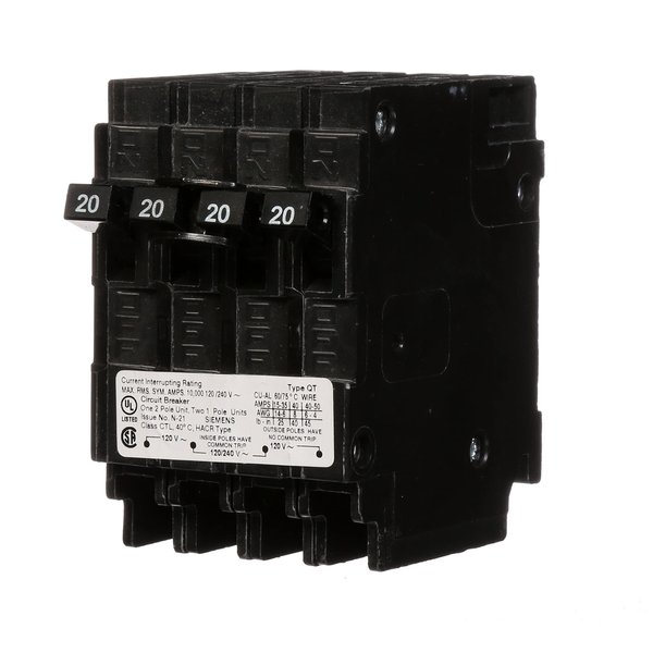 Siemens Q22020CT Triple Circuit Breaker, Plug-In, 20/20 Amps