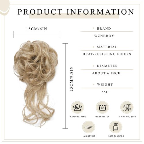 WZNBBOY Messy Bun Hair Piece Claw Clip Synthetic Chignon Tousled Updo with Tendrils Hair Extensions Hair Bun Curly Wavy Faux Hair Bun Hair Scrunchies Hair Accessories for Women (Medium Blonde)