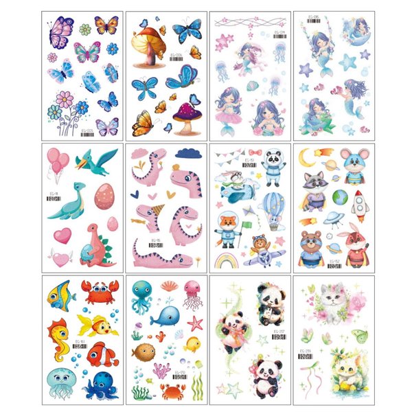 Yobbai Glitter Tattoos for Kids, Mixed Styles Temporary Tattoos Stickers with Mermaids, Butterfly, Dinosaurs, Marine Life, Waterproof Fake Tattoos for Boys and Girls Party Supplies