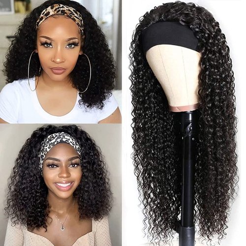 Angie Queen Headband Wig Human Hair Curly Human Hair Wigs for Black Women Glueless None Lace Front Wigs 180% Density (18" Headband wigs)