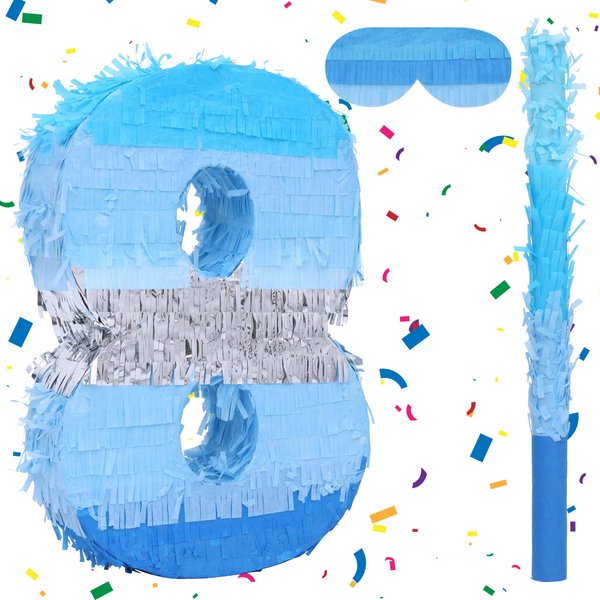 Birchio Number 8 Pinata Bundle with a Blindfold and Bat(16.2 x 11.6 x 4 Inches), Perfect for Boys and Girls Birthday Party Supplies, Blue Theme Birthday Decoration
