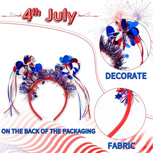 Doneace 4th of July Headband Patriotic Pom Pom Headband Blue Red White Design Ribbon Head Bopper Hair Hoop Independence Day Hair Accessories Cute Fluffy Ball Hair Band for Women Girls Kids 1Pcs…