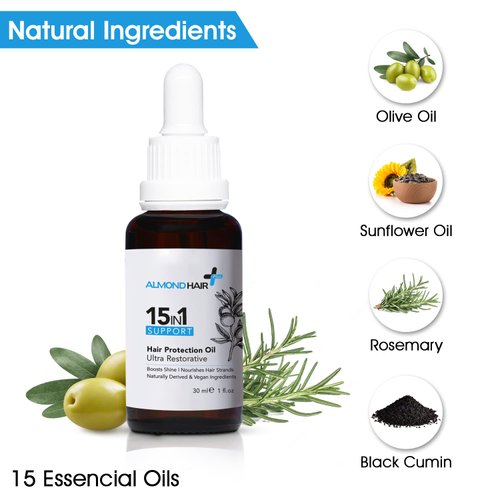 almond hair 15-in-1 Hair Oil – 1fl oz Ultra-Restorative Hair Oil Treatment with Rosemary, Almond, Coconut Oil – Vegan and Natural Ingredients – Intense Nourishment and Shine Boost Natural Hair Oil