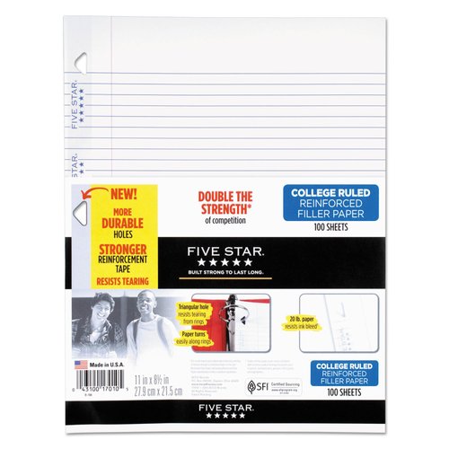 Five Star Loose Leaf Paper + Study App, Notebook Paper, College Ruled Filler Paper, Reinforced, 8.5 x 11, 100 Sheets (17010)