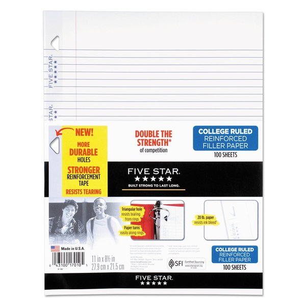 Five Star Loose Leaf Paper + Study App, Notebook Paper, College Ruled Filler Paper, Reinforced, 8.5 x 11, 100 Sheets (17010)