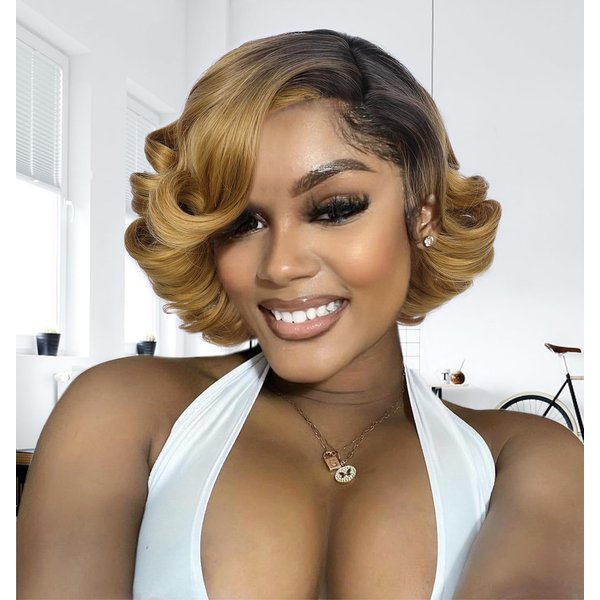 HANNE Short Curly Wigs for Black Women Side Part Ombre color Root Lace Part Short Wigs Curly Heat Resistant Loose Wave Black Women Wigs (Light Brown)