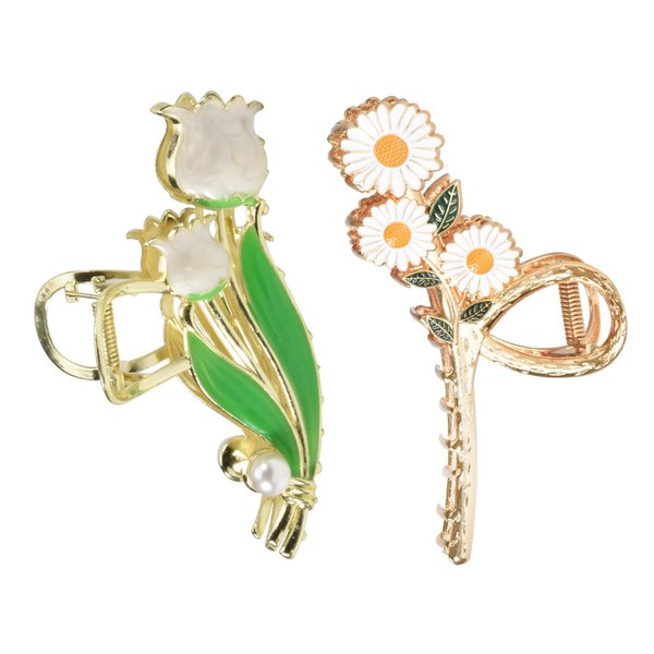 Yonchic 2-Piece Multiple Shapes Metal Hair Clips, Tulip Hair Claws for Thin/Medium Thick Hair, Elegant Daisy Barrettes Strong Hold Hair Clamps Non Slip Cute Hair Catch Clip Accessories