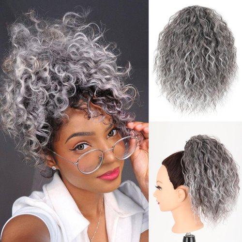 SCENTW Short Grey Curly Ponytail Extension Elastic Drawstring Loose Wave Curly Hair Buns Hair Piece Synthetic Hair Extensions Hair Bun for Women Daily Use