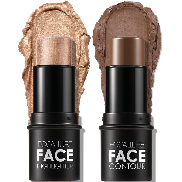 FOCALLURE 2 Pcs Mineral Cream Contour Stick,Moisturize Highlighter and Bronzer Pen,Non Stick Face Brightens & Shades Pencil,Long Lasting & Smooth Gliding Face Illuminator Makeup,Medium-deep