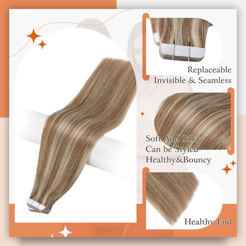 Full Shine Tape in Hair Extensions 14 Inch Skin Weft Tape Hair Extensions Real Human Hair 10 Golden Brown Highlighted 613 Bleach Blonde Tape in Extensions Straight Soft Hair 50 Gram 20 Pcs