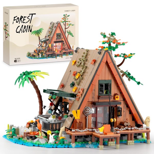 Vziimo A-Frame Cabin Building Set, Forest Lakeside Cabin House Mini Building Block Set, Collectible Display Model Kit for Adults and Teen, Gift for Nature and Architecture Lovers (1486 Pcs)