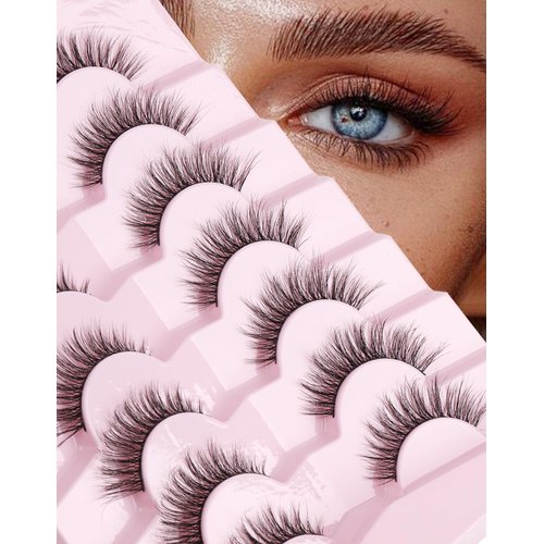 Onlyall Natural Lashes Wispy Lashes Natural Look False Eyelashes Natural Flared Eyelashes False Eye Lashes Soft Fluffy Lashes 7 Pairs D-K06