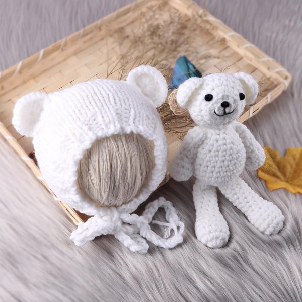 Newborn Photography Outfits Girls Boys Newborn Photography Props Crochet Knit Bear Dolls Photography Prop Accessories Baby Photoshoot Props Newborn Infant Photo Shoot -White