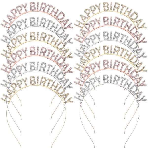 Lyrow 12 Pcs Birthday Headbands Birthday Crowns for Women Girls Happy Birthday Tiara Princess Birthday Party Decorations Rhinestone Bling Birthday Accessories for Party Supplies Gift