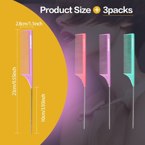 Goodofferplace 3 PCS Rat Tail Combs Parting Rattail Combs Teasing Fine Tooth Comb with Metal Pick for Curly Hair,Detangling Combs for Women,Parting Combs for Braiding,Styling Hair(Pink Purple Green)