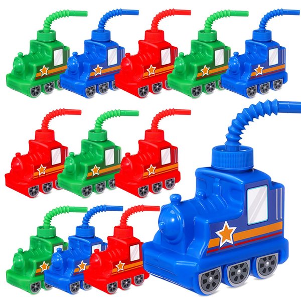 Tanlade 12 Sets Traffic Vehicle Party Favor Supplies Train Cups with Straws,10 oz Plastic Train Shape Cup Reusable Vehicle Party Plastic Cups Bulk Train Birthday Party Favor