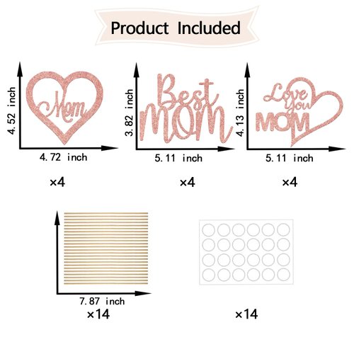 Happy Mother's Day Centerpiece Sticks,Best Mom/Love You Mom Decorations,We Love Mom Theme Mom's Day Birthday Party Supplies for Women 12 pcs Rose Gold