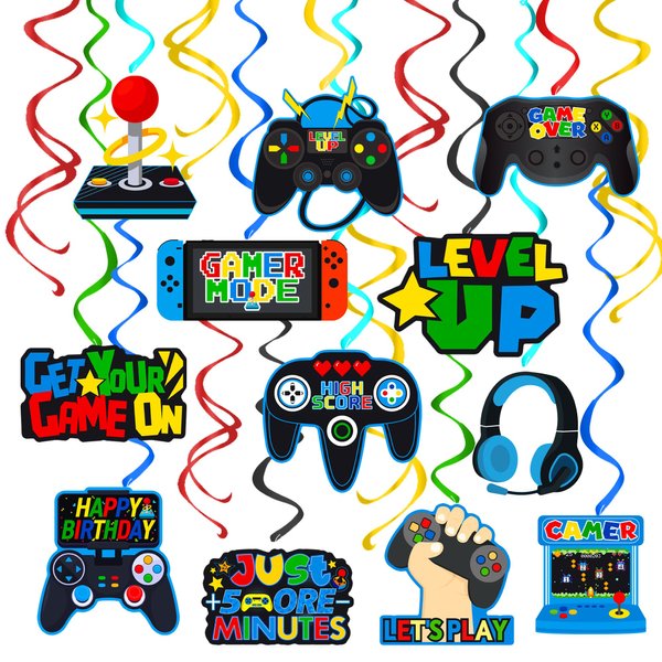 umoni 20pcs Video Game Hanging Swirls Video Game Party Decorations Game On Theme Birthday Foil Ceiling Streamers for Kids Boys Gamer Theme Birthday Party Baby Shower Supplies Decorations
