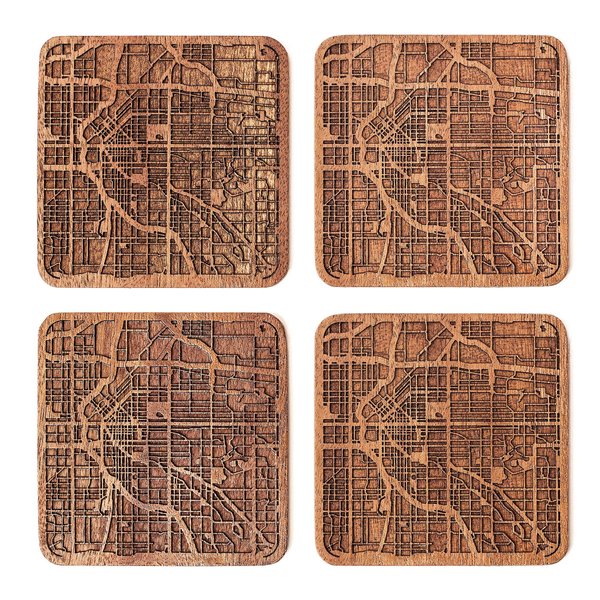 Denver Map Coaster by O3 Design Studio, Set Of 4, Sapele Wooden Coaster With City Map, Handmade