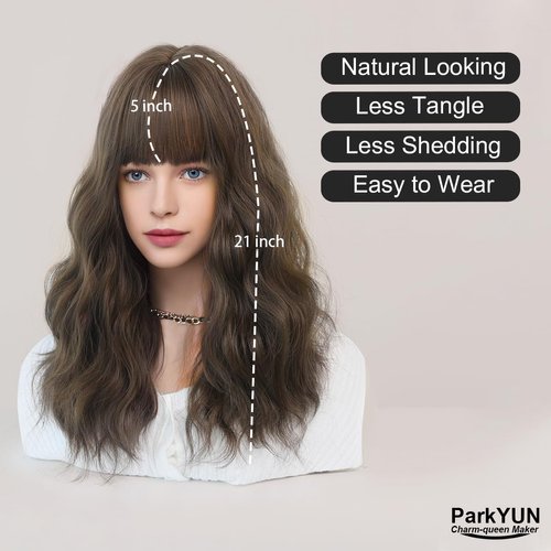 PARK YUN Long Dark Brown Wavy Wigs for Women - Glueless Realistic Synthetic Wave Wig with Bangs, 150% Heat Resistant Wig for Girls Daily Party 21 in