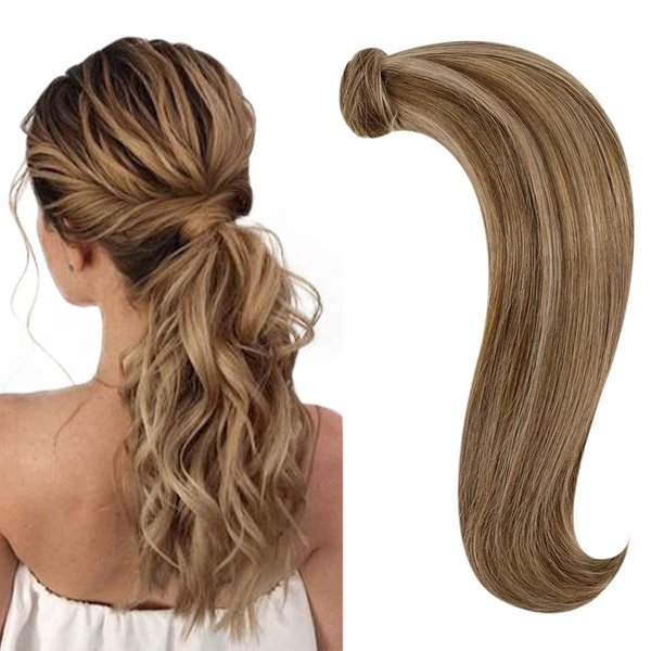RUNATURE 18 Inch Blonde Ponytail Extensions Human Hair Long Ponytail Hair Extensions Straight Honey Blonde Highlighted Remy Hair Ponytail Extension Full Ends Pony Tails Hair Extensions 80 Gram