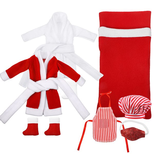 Canlierr 8 Pcs Christmas Elf Clothes Doll Accessories Santa Clothing Set Include Christmas Elf Sleeping Bag 2 Bathrobe with Boot and Cap for Elf Doll Clothes Kit