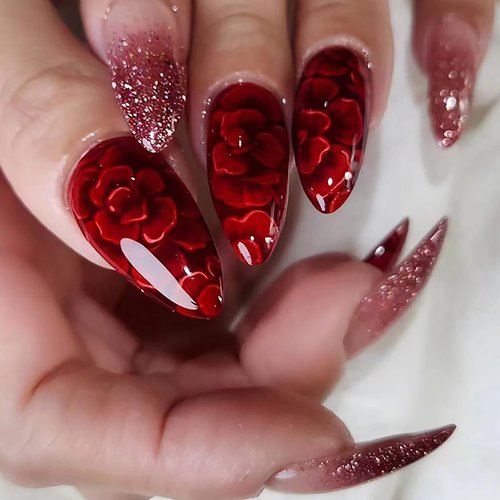 24Pcs Red Press on Nails Short Almond Fake Nails Sequins Glitter Full Cover Tip Stick on Nails with Glue Red Flower Bling Glossy Designs Artificial Acrylic False Nails for Women Manicure Decorations