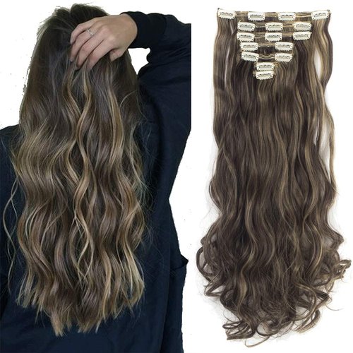LELINTA 7Pcs 16 Clips 24 Inch Wavy Curly Full Head Clip in on Double Weft Hair Extensions Dark Brown Mix Ash Blonde