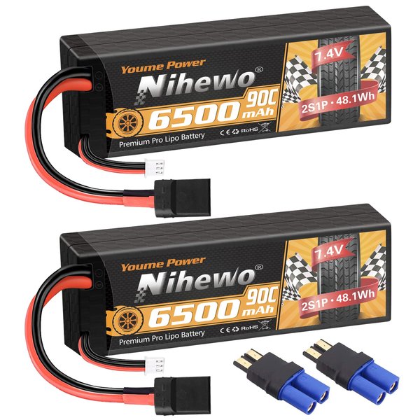 Nihewo 2Packs 2S Lipo Battery 7.4V 6500mAh RC Lipo Battery Pack 90C Hard Case with Tr Plug + EC5 Adapter Compatible with Arrma Axial 1/8 and 1/10 RC Truck Vehicles Car Truggy Buggy Racing Models