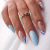 Blue Press on Nails Almond Shape Fake Nails French False Nails with Designs Blue White Silver Waves Acrylic Nails Medium Length Stick on Nails Full Cover Glossy Glue on Nails for Women Nail Decoration