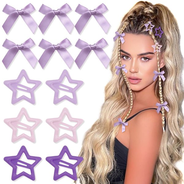 YAEISM 12PCS Purple Bow Hair Clips Y2K Star Barrettes Satin Mini Hair Bows Cute Star Hair Clips Small Purple Hair Ribbon and Star Snap Hair Accessories for Girls Women