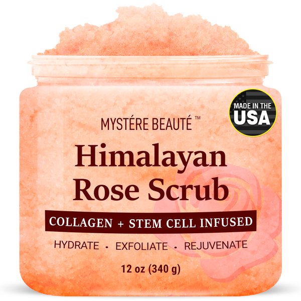 MYSTÉRE BEAUTÉ Himalayan Salt Body Scrub 12 oz - with Collagen and Stem Cells - Exfoliating Salt Scrub for Cellulite - Deep Cleansing for Acne, Scars, Wrinkles - Moisturizes Skin