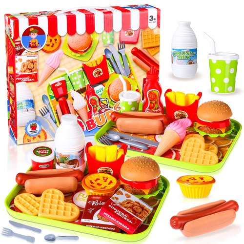 Zomiboo Pretend Play Food Toy Set for Kitchen, Fake Food Plastic Burgers Sandwich Toys Pretend Food Playset Preschool Kitchen Sets Play Food Plastic Food Toys for Restaurant Play Girls Boys