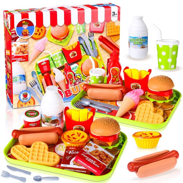 Zomiboo Pretend Play Food Toy Set for Kitchen, Fake Food Plastic Burgers Sandwich Toys Pretend Food Playset Preschool Kitchen Sets Play Food Plastic Food Toys for Restaurant Play Girls Boys
