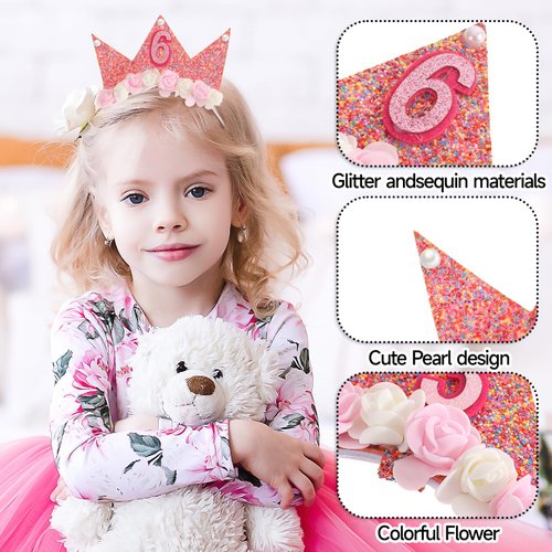 6th Birthday Girl Headband Birthday Decorations for Girl Happy Birthday Headband Birthday Crown Pink Birthday Tiara Party Favors for Girl Glitter Hair Band