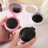 2pcs Folding Travel Hair Brush with Mirror, Round Portable Folding Pocket Hair Brush Mini Hair Massage Compact Mirror with Comb Travel Size for Men Women and Girls (black and pink)