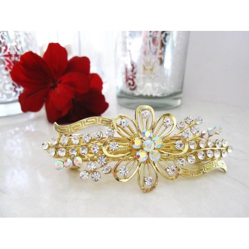 Gold flower shaped crystal hair barrette clip bridal clip bridal barrette
