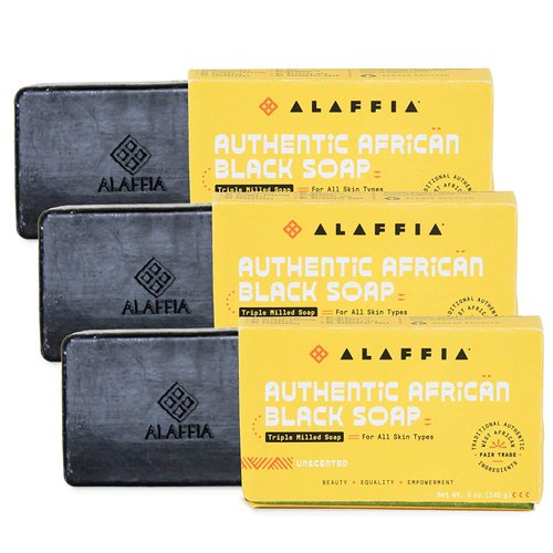 Alaffia Authentic African Black Soap Triple Milled, Long-Lasting and Ultra-Moisturizing Soap Bar, Unscented 5 Oz (Pack of 3)