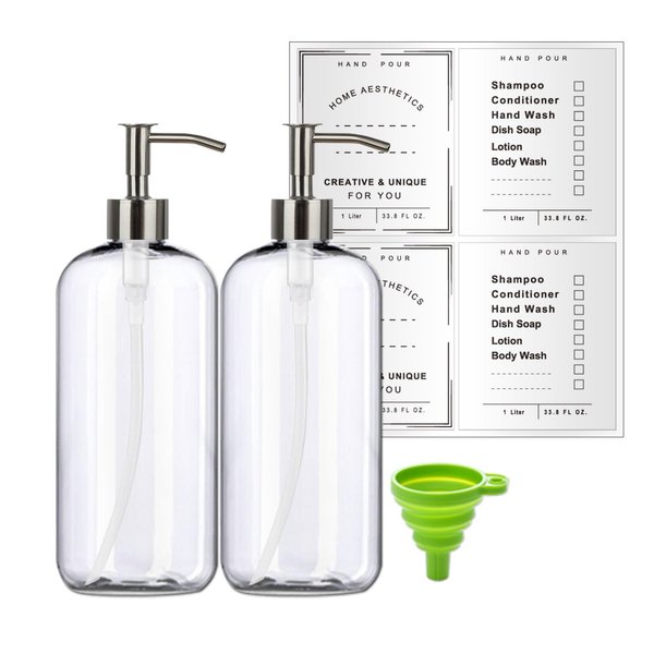 Refillable 32oz Dispenser Plastic Bottle 2pack with Steel Pumps, 1 Liter Crystal Clear Multi-Use Empty Container with Funnel for Shampoo, Conditioner, Body Wash, Liquid Hand Soap, Lotion