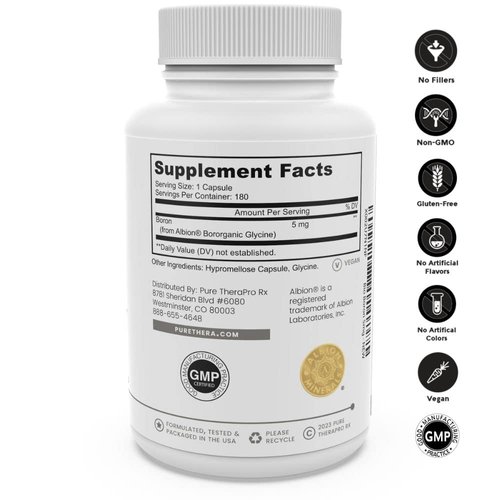 Pure TheraPro Rx Bio Boron, 5mg/Capsule, 180 Capsules, Bororganic Glycine Boron Supplements for Men & Women, Vegan Mineral Supplements for Bones, Cardiovascular Function & Immunity Support