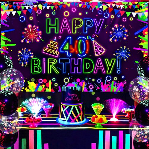 Neon Birthday Party Decorations Neon Happy 40th Birthday Banner Glow in The Dark Party Decorations with UV Black Light Reactive for Let Glow Neon Birthday Blacklight Halloween Party Supplies