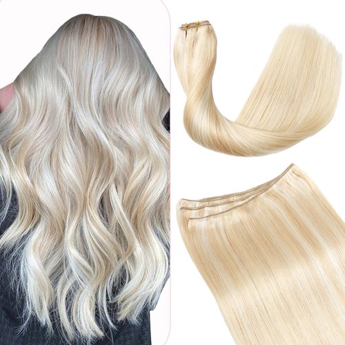Sindra Hair Wefts Human Hair Sew in Hair Extensions 22Inch Caramel Brown Highlighted Platinum Blonde Hand Tied Weft Hair Extensions Human Hair Sew in Bundles Double Weft 100G(weft#27p60 22inch)