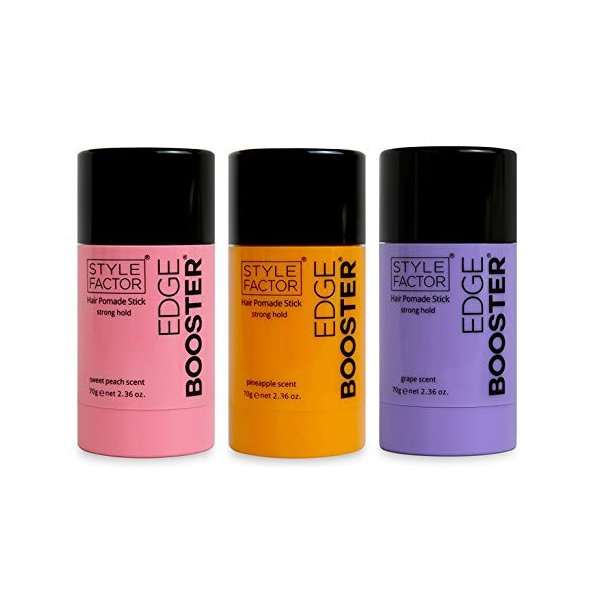 Style Factor Edge Booster Hair Pomade Stick Strong Hold Grape Pineapple Sweet Peach 2.36 oz (Get all 3)