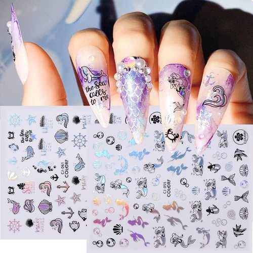 Summer Nail Stickers, Holographic Beach Nail Decals 3D Self -Adhesive Palm Tree Mermaid Tropical Ocean Animal Summer Nail Design Laser Palm Tree Nail Art DIY Nail Decoration for Women Girls(8Sheets)