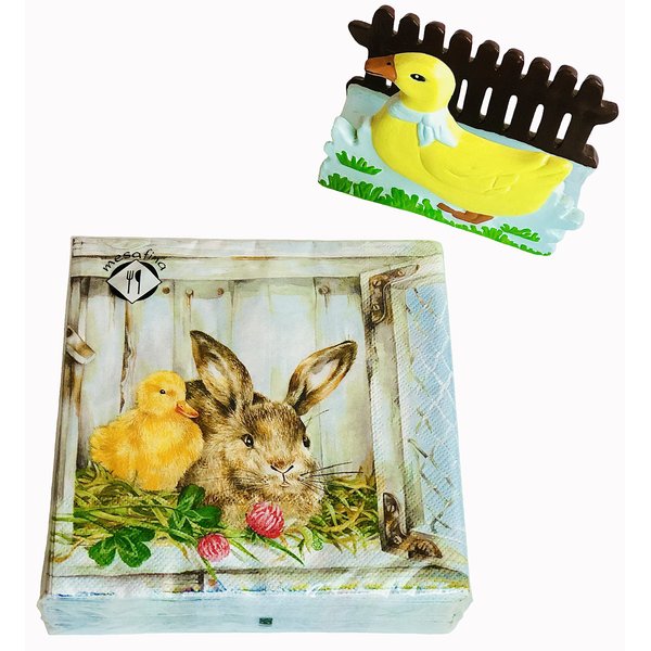 40-ct 5x5 Bunny Friend Napkin | Bunny & Ducky Cocktail Napkin | Light Blue Paper Napkin for Brunch Buffet | Happy Easter