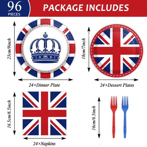 chiazllta 96 Pcs Britain UK England Flag Birthday Party Paper Plate and Napkins British Flag Party Supplies Tableware Union Jack Party Decorations Paper Plate Napkin Fork for Party Favors 24 Guests