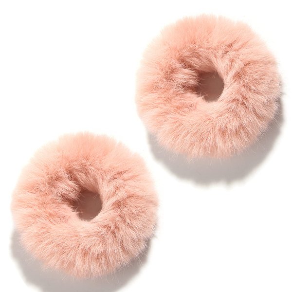 2 Pcs Women Furry Elastic Faux Rabbit Hair Scrunchies Fluffy Ponytail Holder Pompom Ball Hair Bands Ties For Girl Hair Accessories (Shell Pink)