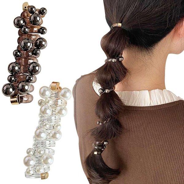 2PCS Pearl Braided Elastic Hair Ties for Women Girls, Waterproof Ponytail Holders for Thick Hair & Thin Hair Elegant Spiral Telephone Wire Hair Bands Hair Accessories Holiday Gift