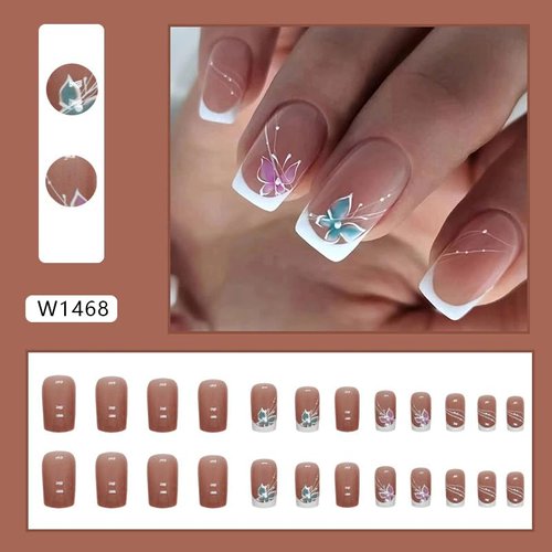 Curvlife Short Press on Nails Acrylic Fake Nails with Design Butterfly Style Full Cover False Nails for Women Reusable Nail Kit with Nail Glue Adhesive Tabs Nail File (butterfly, 24pcs)